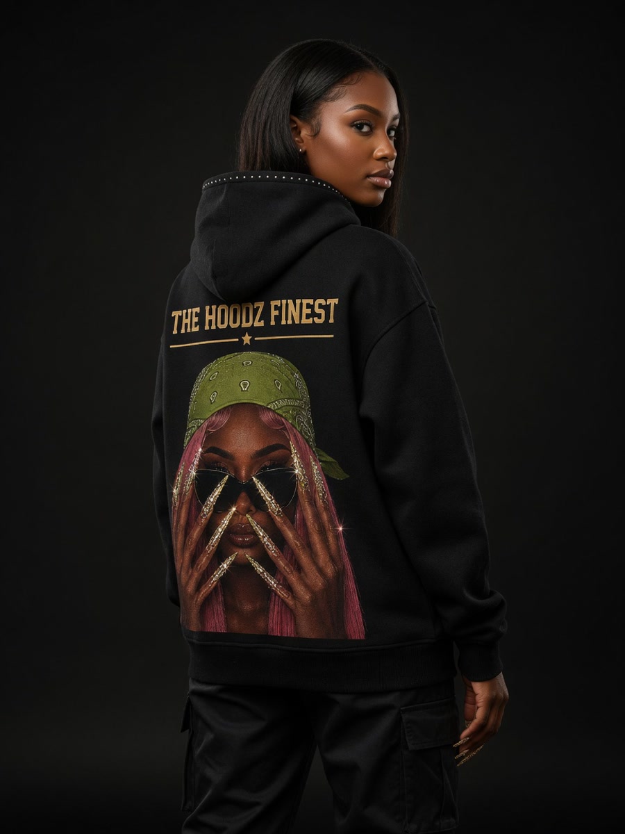 Model wearing Finest Pink Hoodie